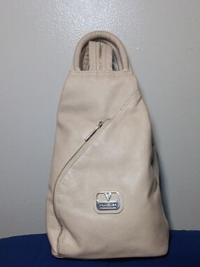 Valentina Pebbled Light Beige Leather Crossbody with Silver Logo Plaque